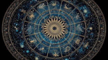 Obraz premium Ornate circular zodiac with constellations, signs, and stars against a dark background