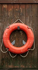 Orange life preserver on weathered wood