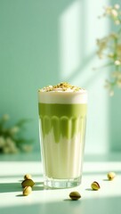 Refreshing layered matcha beverage in a glass.