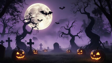 Spooky Halloween night with glowing pumpkins and bats