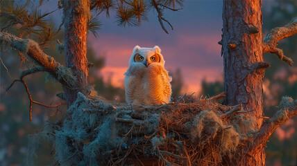 Fluffy Baby Great Horned Owl in a Nest at Sunset