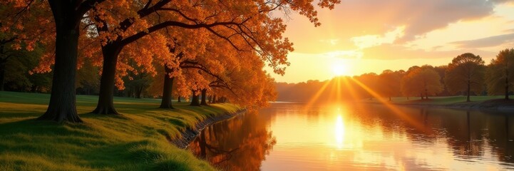 Obraz premium Cottonwood trees along Alton's Mississippi Riverfront glow in the evening sun , riverbank, vista