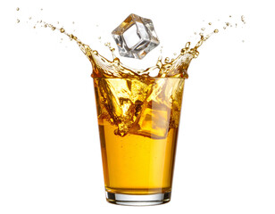  Lager Beer Splashing Out of Tipped Glass with Ice Cube Impact, Dynamic Side Angle, Transparent Background
