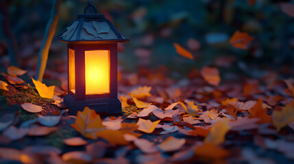 Glowing Lantern Surrounded by Fallen Leaves