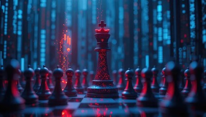 A futuristic chessboard scene with a glowing red king surrounded by dark chess pieces, bathed in vibrant neon light.