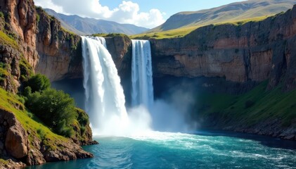 Majestic Ouzoud Waterfalls cascading down rocky cliffs, beautiful, landscape, environment