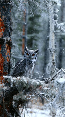 Great Horned Owl Perched in a Snowy Winter Forest