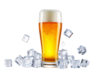 Beer Glass Surrounded by Flying Ice Cubes, Central Glow Lighting, Transparent Background