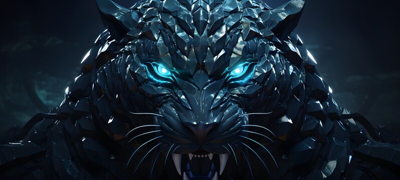 The black background contrasts sharply with the bright blue diamonds light emitted by liger kraken,generative AI