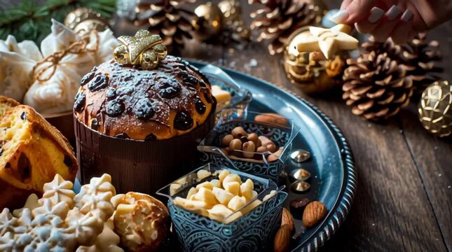 Festive platter with panettone cake, fruitcake slices, snowflake cookies, and assorted nuts and candies