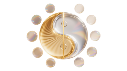 Transparent PNG with gold and silver Taiji shaped bubbles, representing a balance between aesthetics and technological texture, used for conveying beauty and wellness brand concepts.