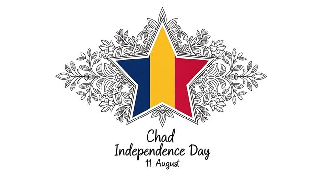 Chad Independence Day: Ornate Starburst Design Featuring National Flag & Floral Frame