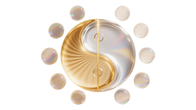 Transparent PNG with gold and silver Taiji shaped bubbles, representing a balance between aesthetics and technological texture, used for conveying beauty and wellness brand concepts. - Powered by Adobe