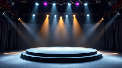 Circular stage with bright lights and spotlights for award ceremony or performance