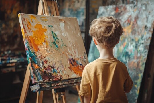 High Resolution Image of Boy Looking at Palette Standing Near Easel