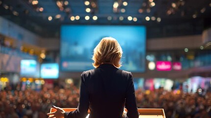 Woman in suit giving a speech on stage to a large crowd with bright lights in the background at event