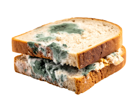 Moldy sandwich, two slices of bread heavily covered in green and grey fungus, showing spoilage and decay isolated on transparent background.