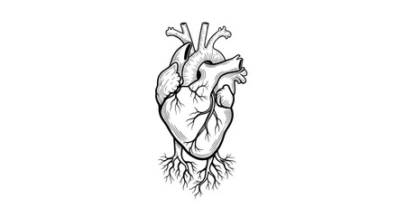 Anatomical heart drawing with roots: a symbol of life and growth