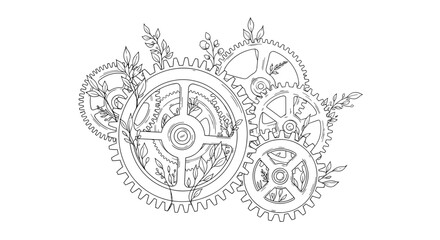 Intricate gears interlocked with delicate foliage creates a harmonious, organic mechanism