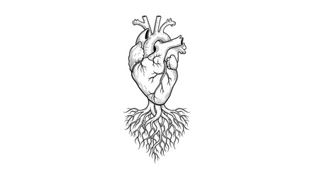Anatomical Heart Connected with Roots: A Symbol of Life's Origins.