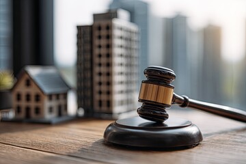 Gavel on wooden table with miniature buildings
