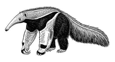 Engraved Anteater Illustration: Detailed Black and White Animal Drawing