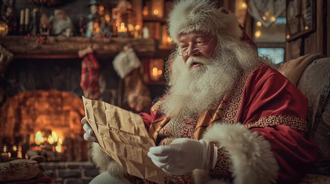 Santa claus reading letters by the fireplace in a cozy room with christmas decorations and soft lighting