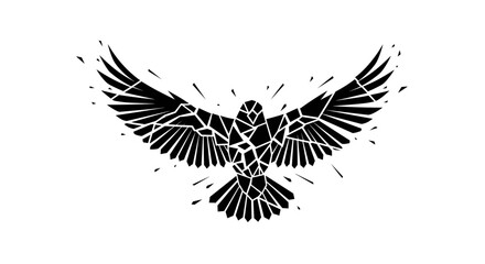 Abstract bird shattered silhouette on white background soars powerfully
