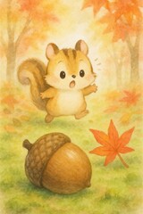 巨大などんぐりにびっくりするリス（秋の森）