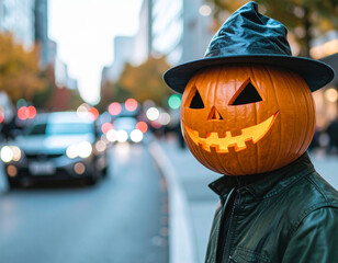 A person with a carved, glowing pumpkin for a head, wearing a dark hat and jacket, stands on a blurred city street with cars and autumnal trees in the background. Halloween concept.