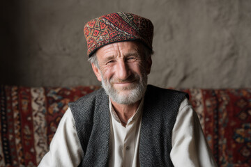 wise old man from central asia wearing colorful traditional hat radiating happiness