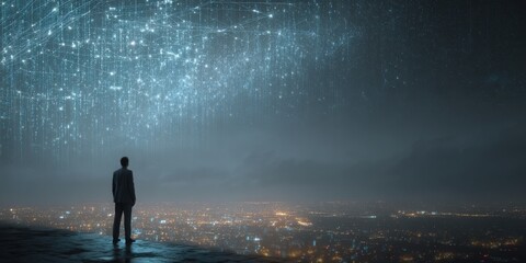 A lone figure contemplates the interconnected network of lights illuminating a distant cityscape under a vast, mysterious sky.