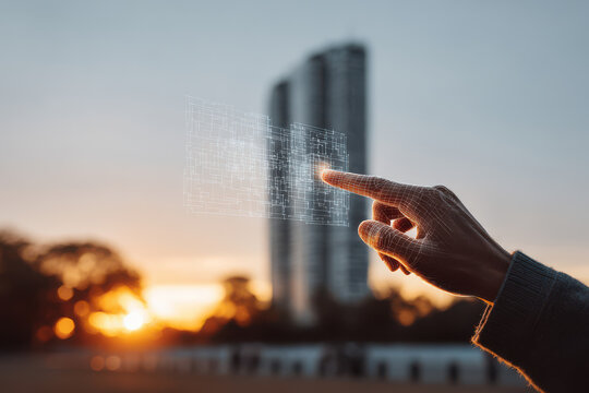hand with augmented reality navigation overlays stands against evening city skyline at sunset - Powered by Adobe