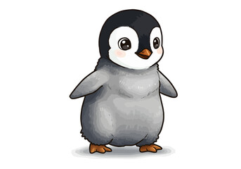Fototapeta premium Cute cartoon baby penguin with fluffy grey downy feathers and large expressive eyes.