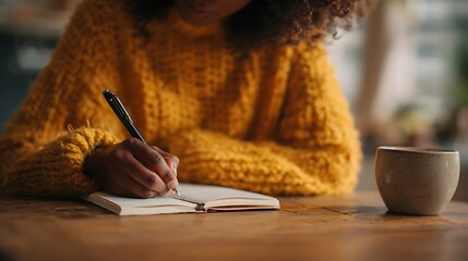 Woman Writing in Journal with Coffee