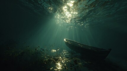 Fototapeta premium Underwater view of a submerged boat with light rays filtering through the water