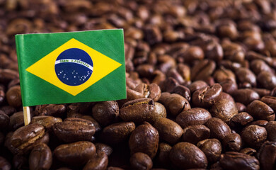 
Flag of Brazil in Roasted Coffee Beans. Concept for export, import, business, market, industry and tariff of coffee bean. For copy space.  Generated image