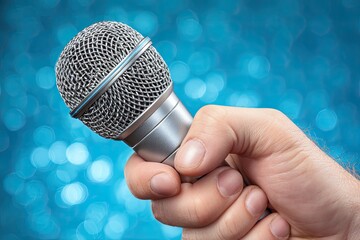 Close-up of a hand holding a silver microphone against a blurred blue bokeh background