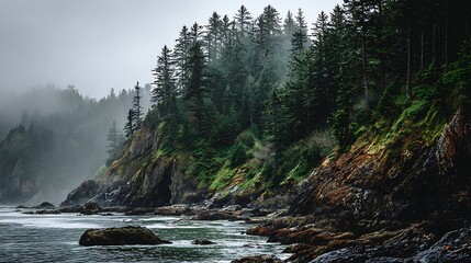 Misty coastal forest with rugged rocky shoreline and ocean waves