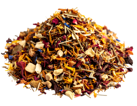A close-up view of a vibrant pile of loose herbal tea blend isolated on transparent background.