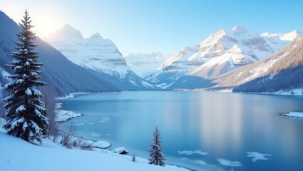 Frozen lake nestled in snowy mountains.