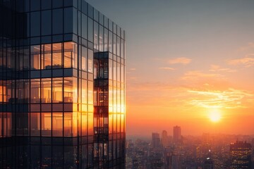 Modern architecture reflects the warm hues of a vibrant sunset over a cityscape, creating a stunning visual harmony between urban development and natural beauty.