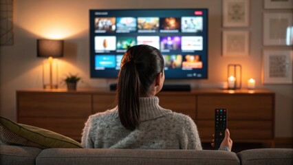 Woman sitting on a couch holding a remote control, watching a modern television screen with streaming apps in a cozy living room at night