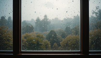 Fototapeta premium Rain falling on window glass with blurred view of forest trees outside, creating peaceful and moody atmosphere during rainy day in a calm natural setting 