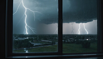 Intense lightning storm seen through window at night, showcasing dramatic thunderclouds and multiple lightning strikes over dark urban landscape during severe weather
