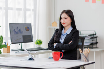 businesswoman Accounting using calculating income-expenditure and analyzing real estate investment data report Financial and tax systems concept.