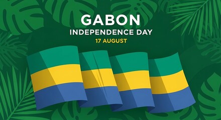 Gabon Independence Day Celebration: Waving Flags and Tropical Foliage, August 17th