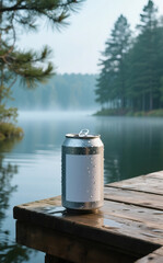 Obraz premium Cold beverage can with a blank label mockup sits on a rustic wooden dock by a misty and serene lake at sunrise