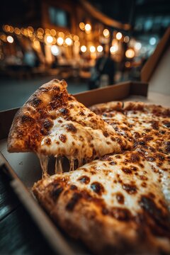 A tempting pizza with melting cheese is showcased in its box. The warm atmosphere is enhanced by soft, glowing lights in the background, creating a casual and inviting vibe.