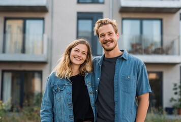 Naklejka premium A smiling couple stands together, embracing, in front of a modern building, possibly celebrating a new home purchase.